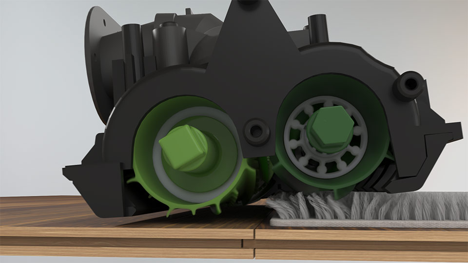 A rendering of the roller brush assembly on a iRobot Roomba robot vacuum.