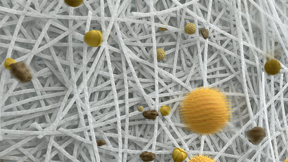A rendering of dust and pollen being captured by a HEPA filter.