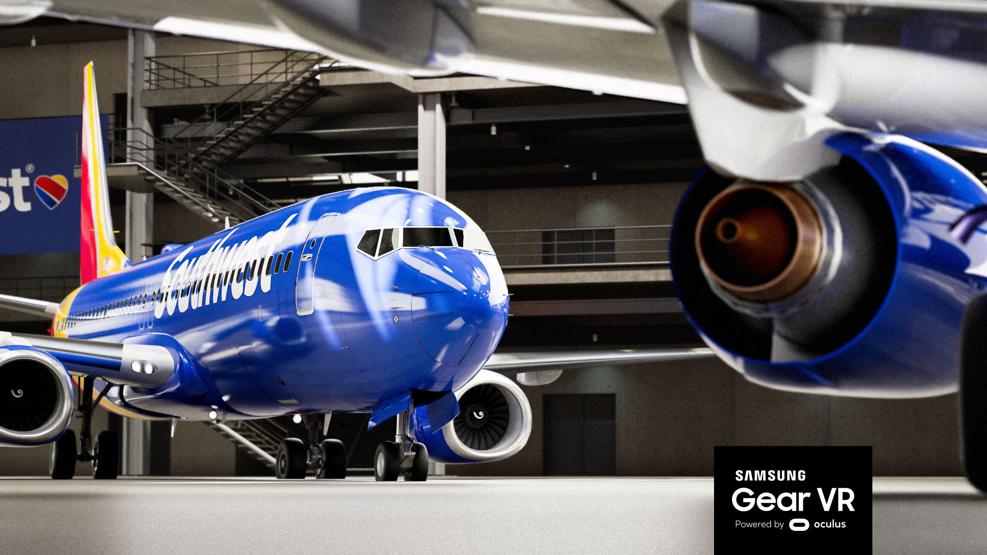 A rendering of a Southwest Airlines aircraft in a hangar.