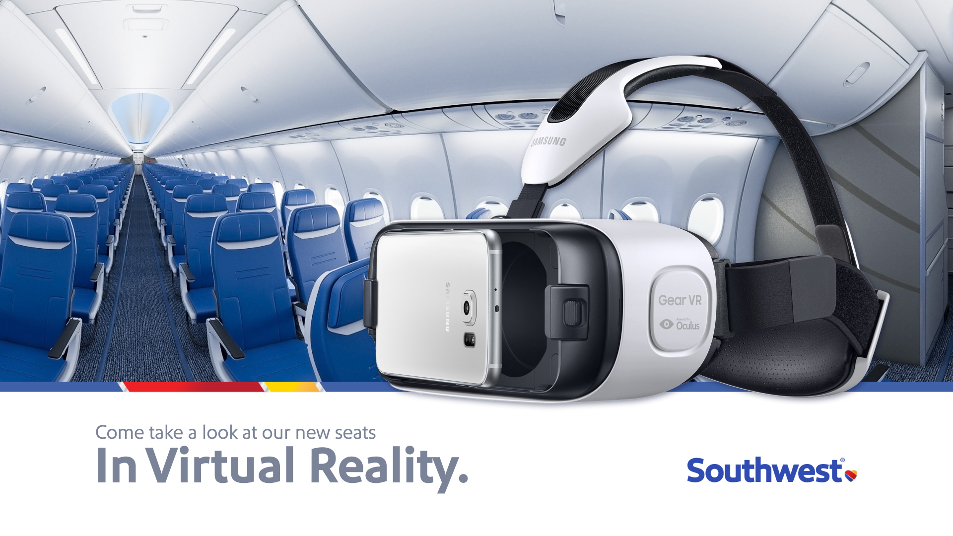 A 360 rendering of a Southwest Airlines aircraft interior with a VR headset superimposed.