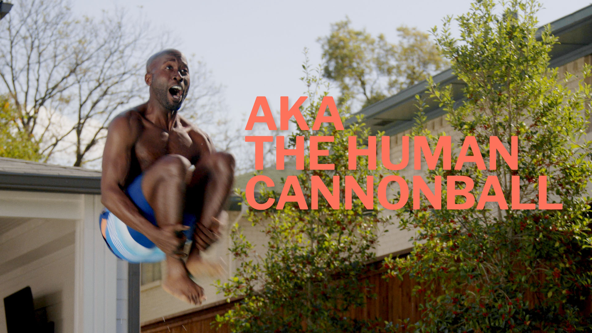 A man cannon-balling into the pool with the text "AKA the human cannonball."