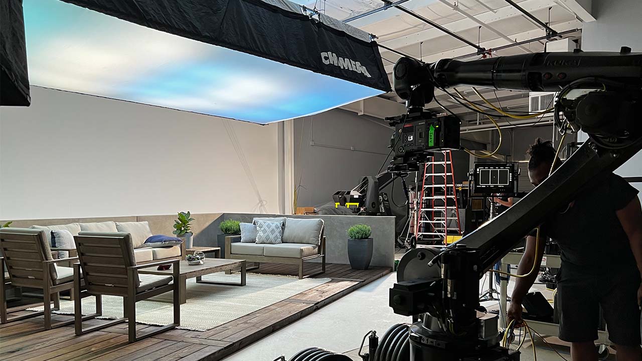 A photograph of a studio set with a Sony Venice on a Kuka motion control arm.