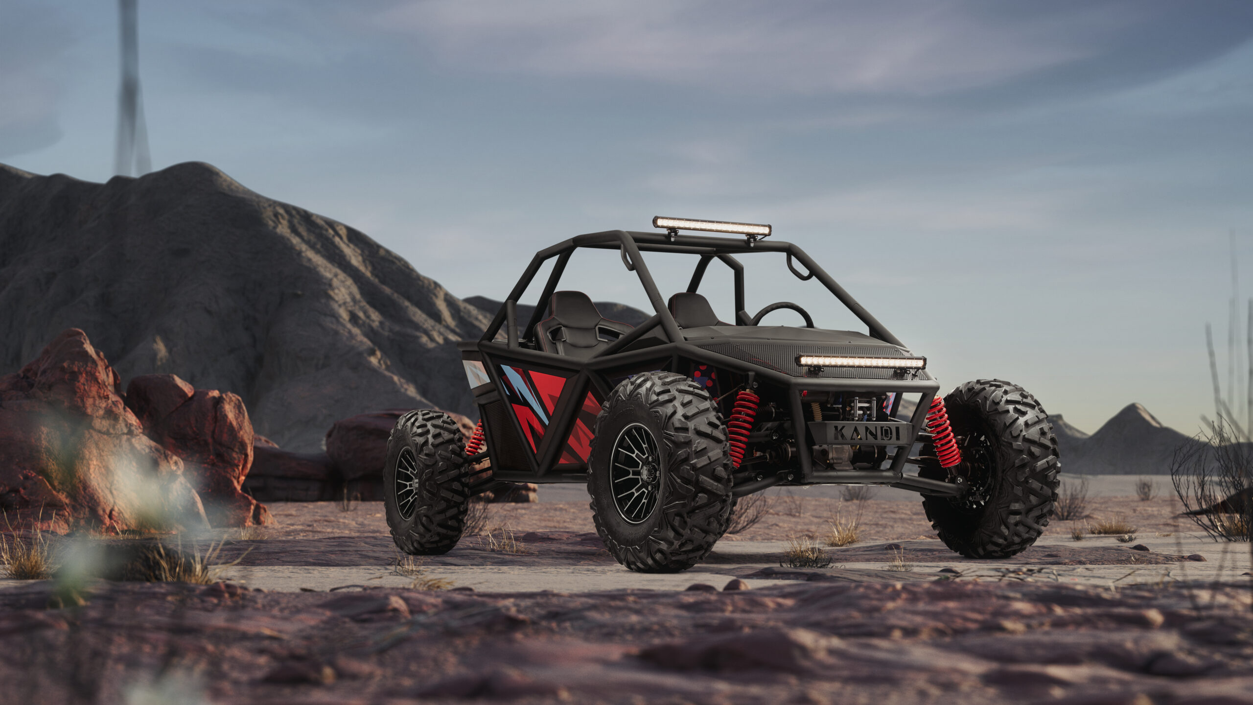 A photograph of the Kandi Dune Buggy sitting in a desert environment.