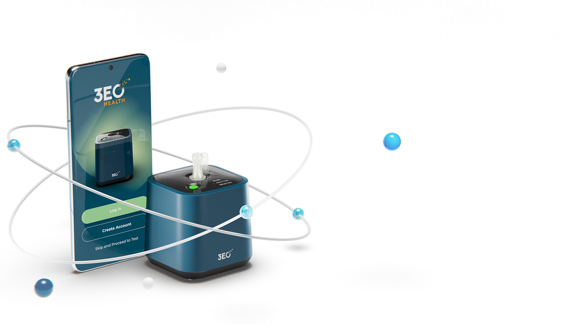 A render of the 3EO Cube molecular testing device, mobile phone, and abstract visuals.