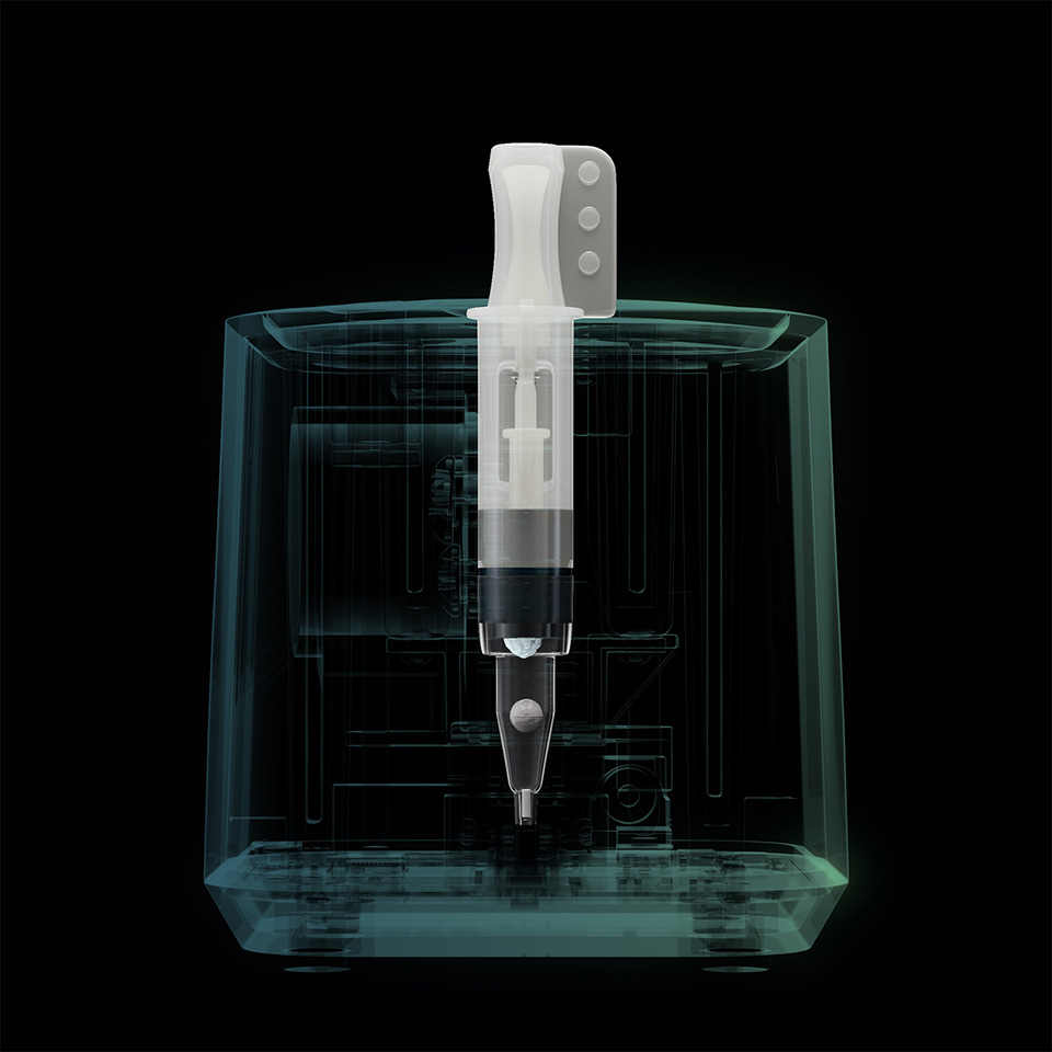 A cross-section render of the 3EO Cube molecular testing device, revealing the testing process.