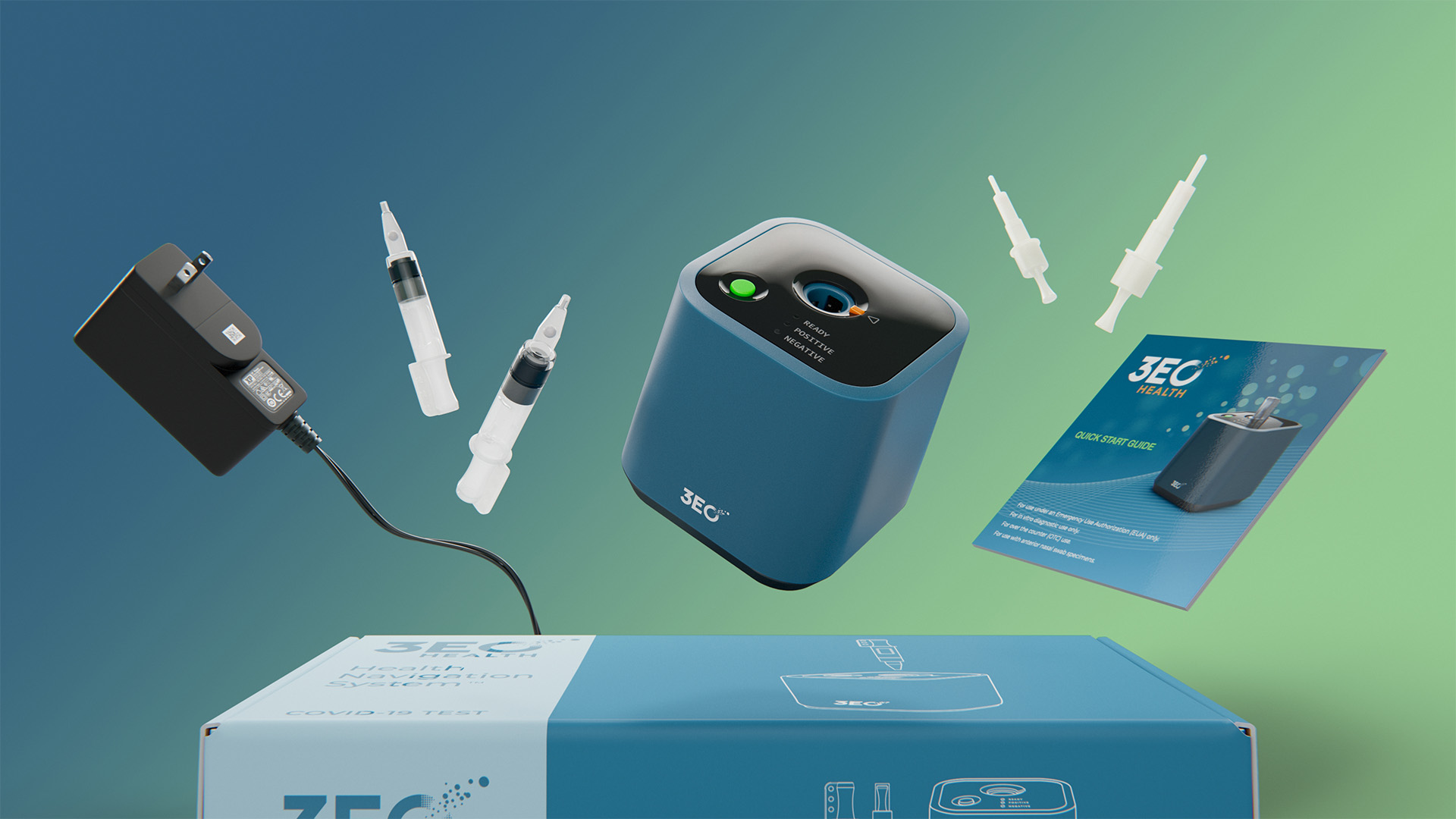 A render of the 3EO molecular testing devices and the various items that come in the box.