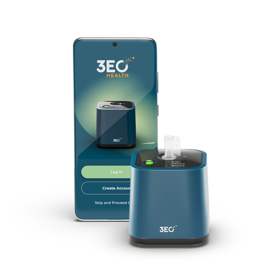 A render of the 3EO Cube molecular testing device and a mobile phone with the 3EO app.